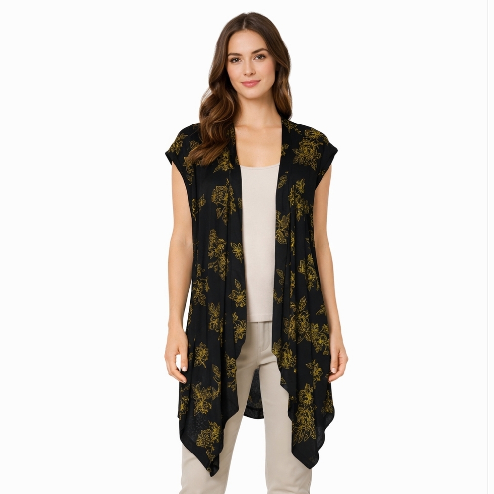 Alberto Makali Open‎ Front Cardigan Kimono Sleeveless Black Gold High Low USA XL